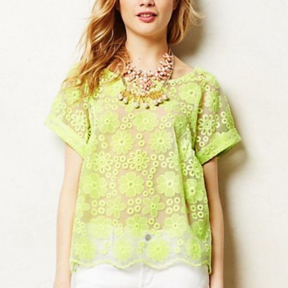 Anthro Meadow Rue Neon Embroidered Top Neon Sheer